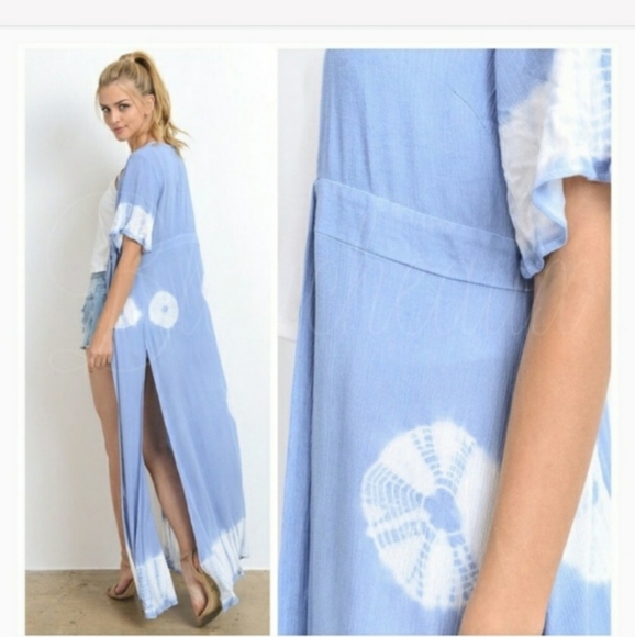 Maxi Kimono Cover Up Wrap Blue White Tie-Dye - Picture 2 of 3